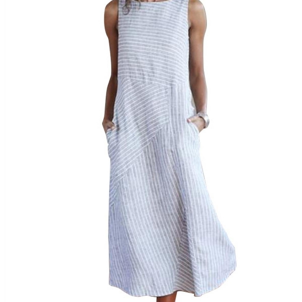 Women’s Sleeveless Striped Maxi Dress - white, black